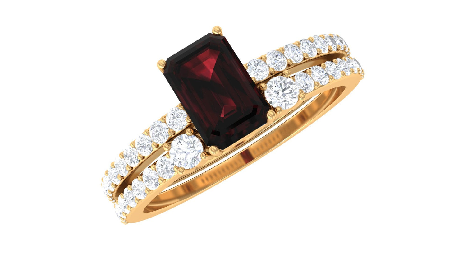 Certified Real Garnet Diamond Emerald Cut Engagement Ring with Wedding Band Cuff