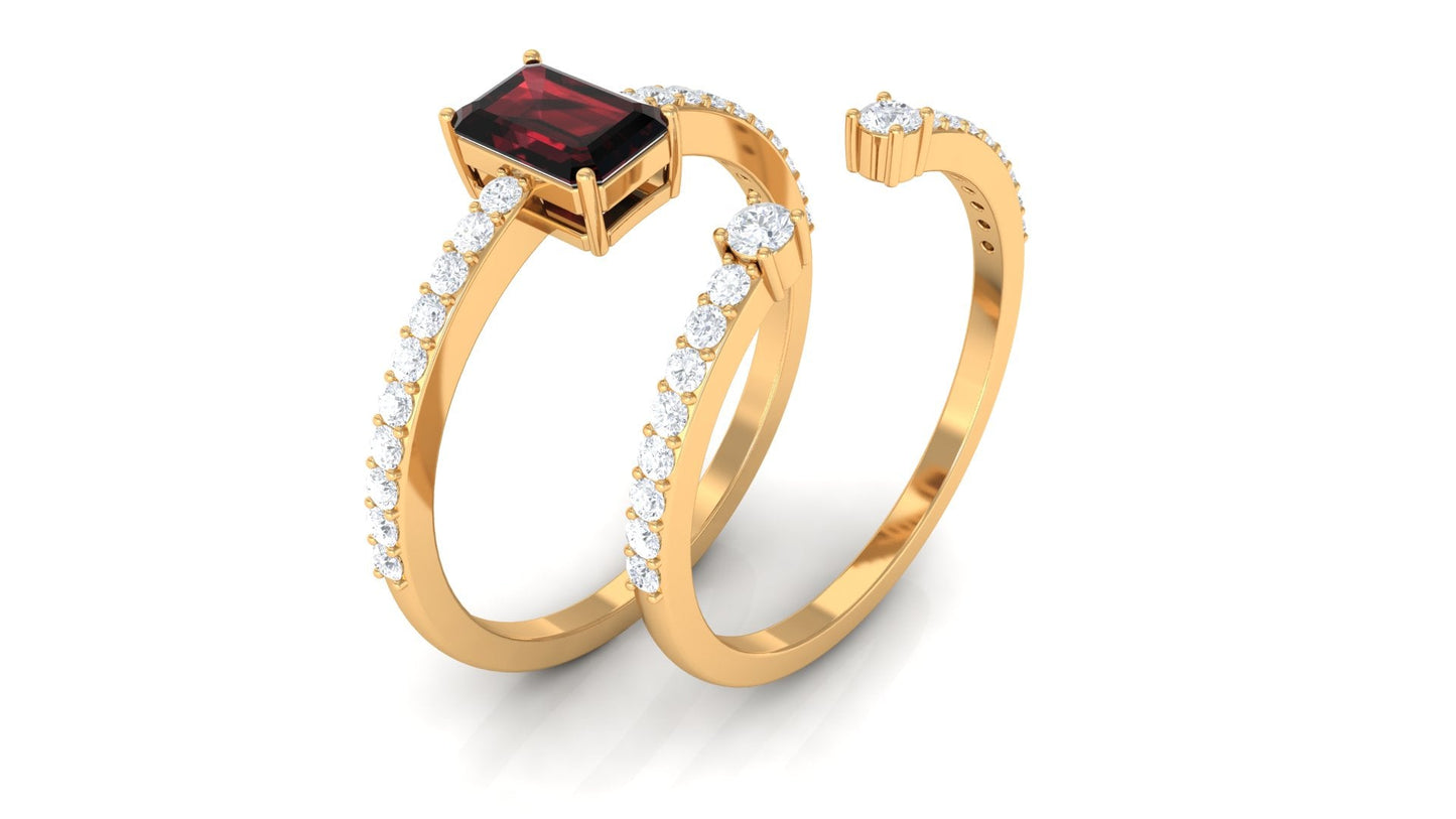 Certified Real Garnet Diamond Emerald Cut Engagement Ring with Wedding Band Cuff