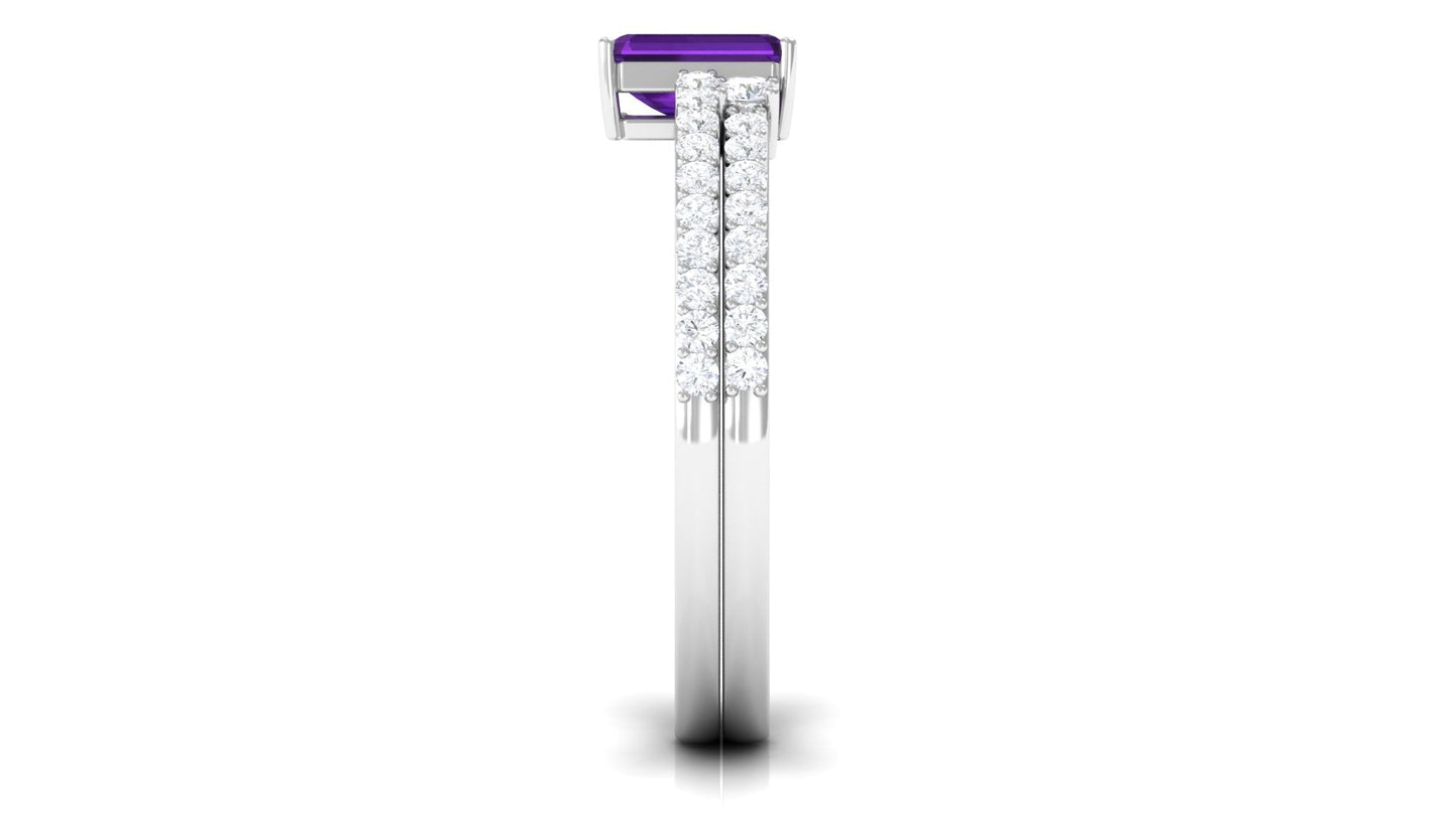 Certified Real 1.4 Carat Emerald Cut Amethyst Wedding Bridal Ring Set with Diamond