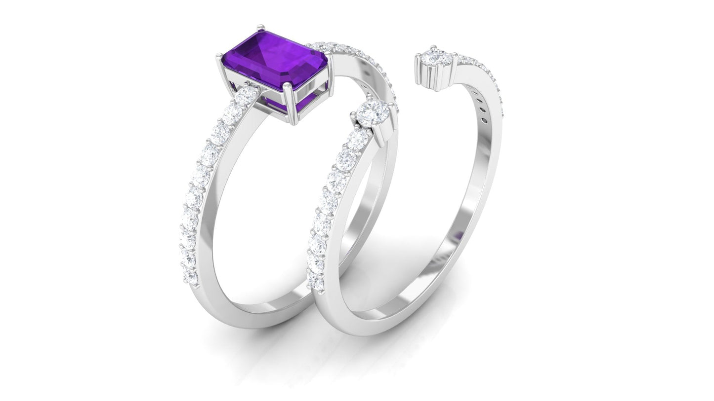 Certified Real 1.4 Carat Emerald Cut Amethyst Wedding Bridal Ring Set with Diamond