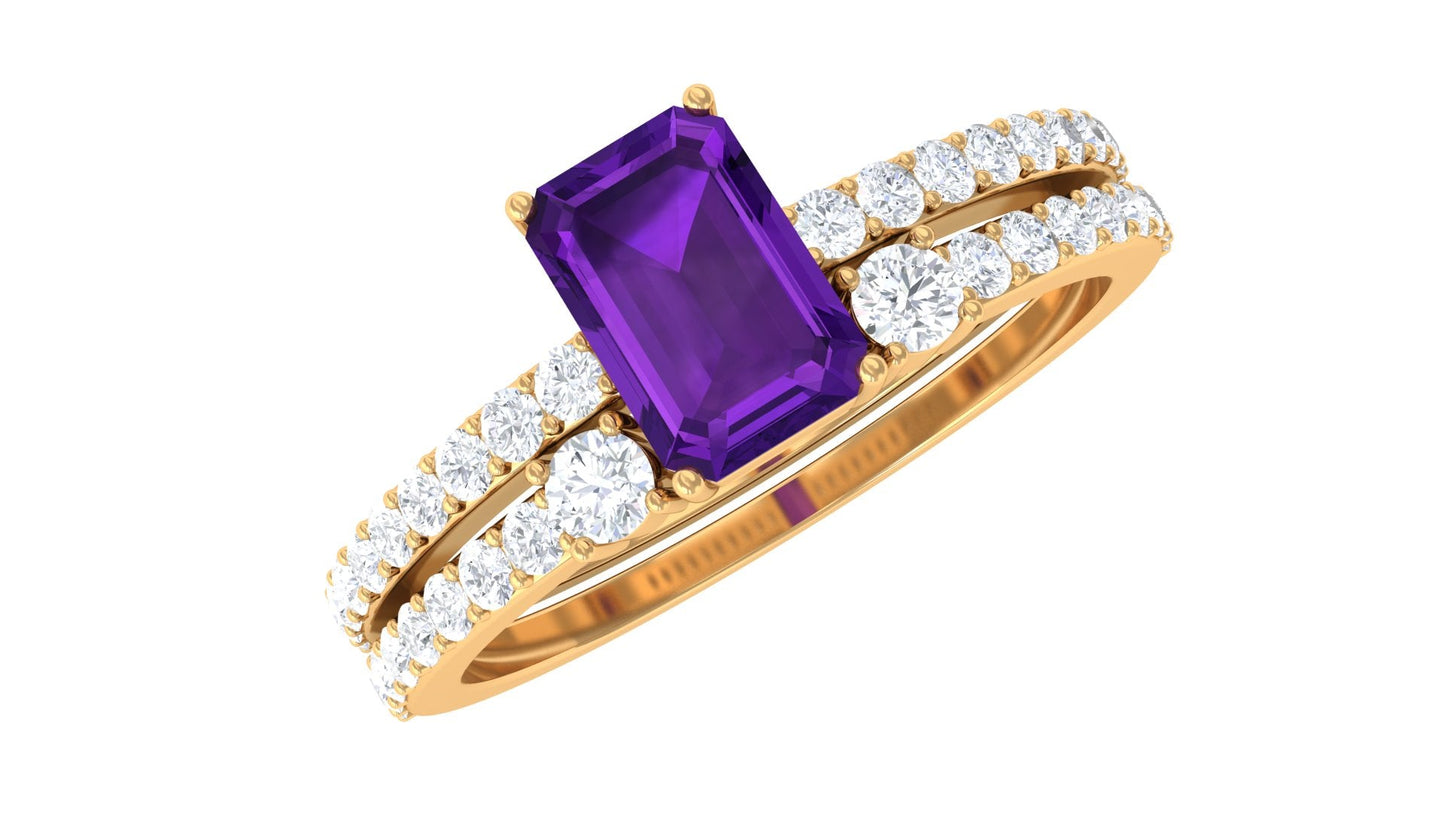 Certified Real 1.4 Carat Emerald Cut Amethyst Wedding Bridal Ring Set with Diamond
