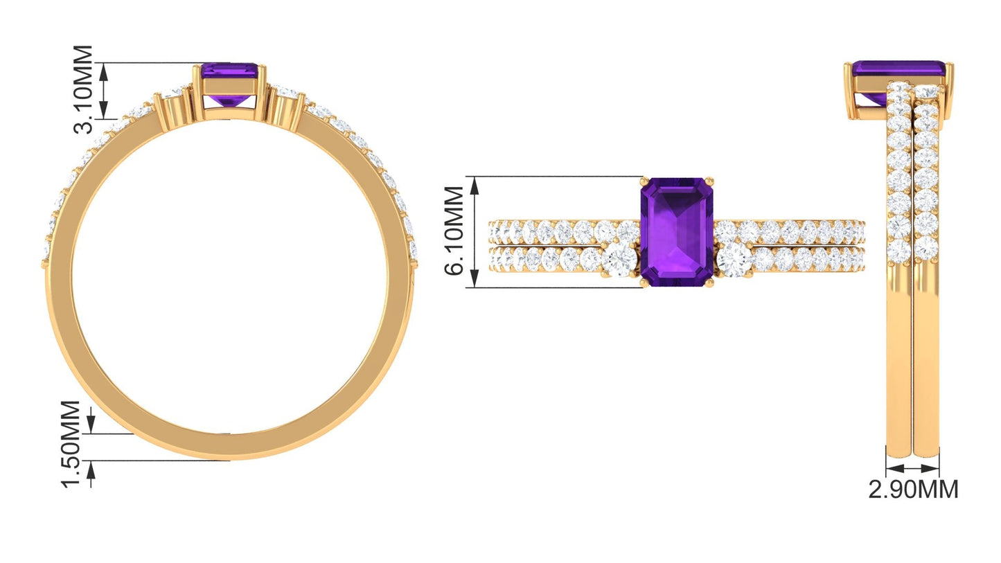 Certified Real 1.4 Carat Emerald Cut Amethyst Wedding Bridal Ring Set with Diamond
