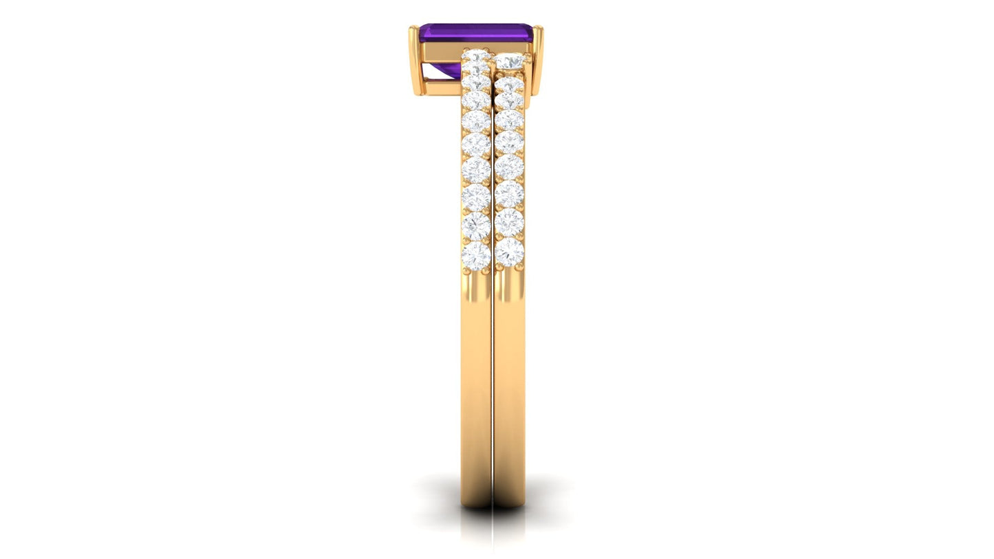 Certified Real 1.4 Carat Emerald Cut Amethyst Wedding Bridal Ring Set with Diamond