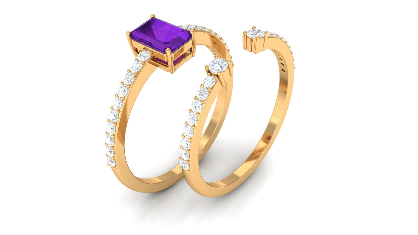 Certified Real 1.4 Carat Emerald Cut Amethyst Wedding Bridal Ring Set with Diamond