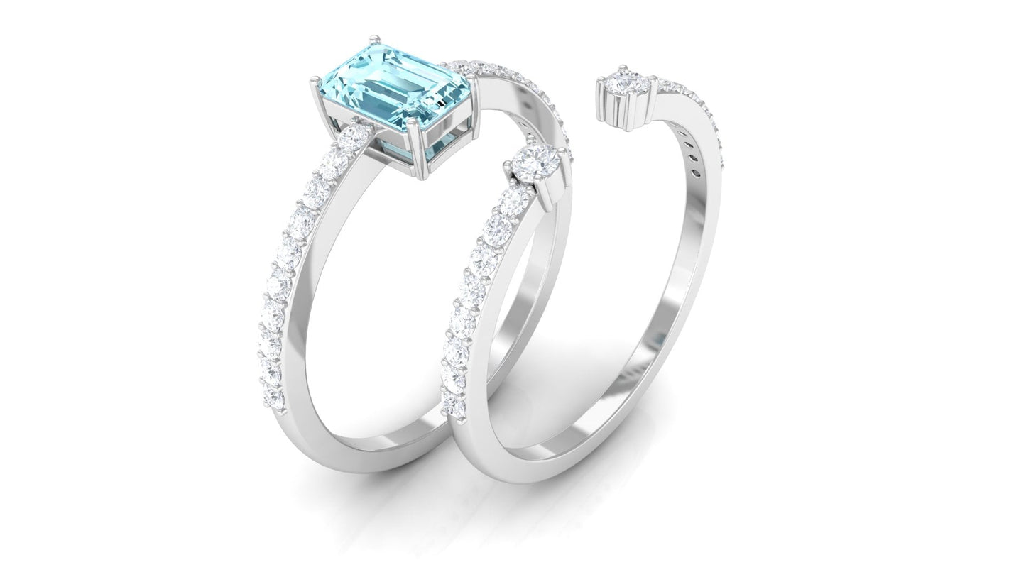 Natural 0.6 Carat Aquamarine and Diamond Emerald Cut Bridal Ring Set