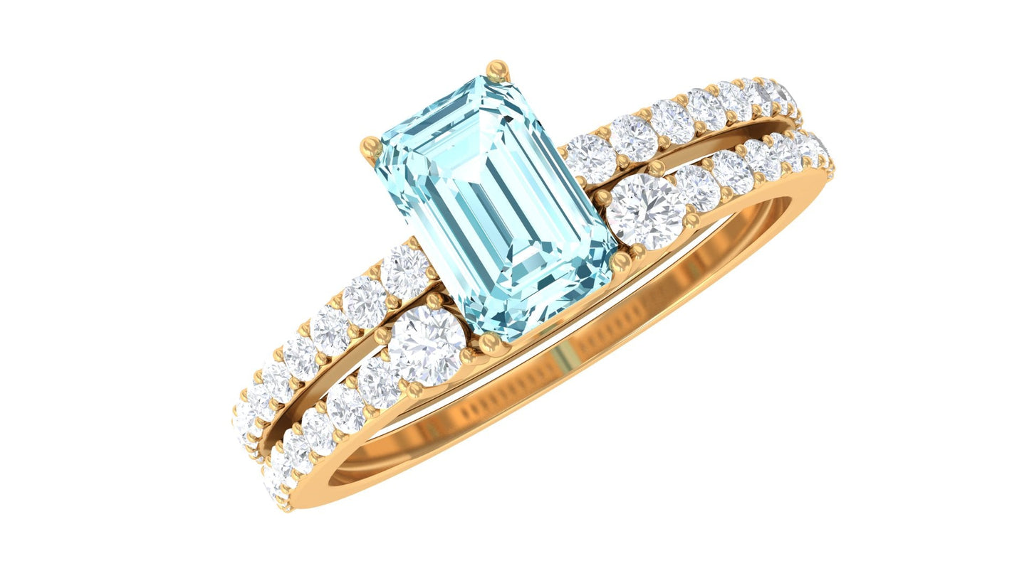 Natural 0.6 Carat Aquamarine and Diamond Emerald Cut Bridal Ring Set