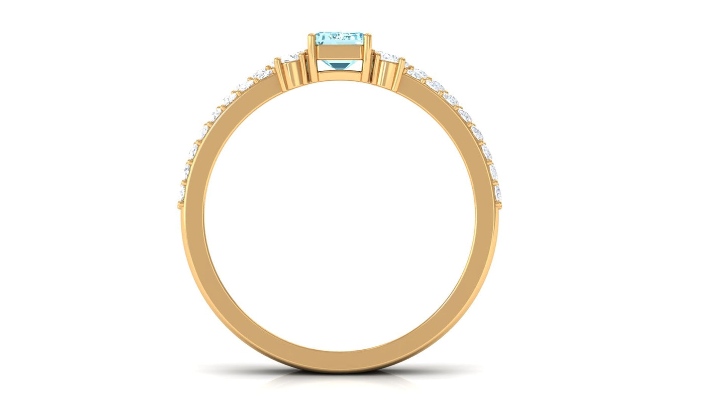 Natural 0.6 Carat Aquamarine and Diamond Emerald Cut Bridal Ring Set