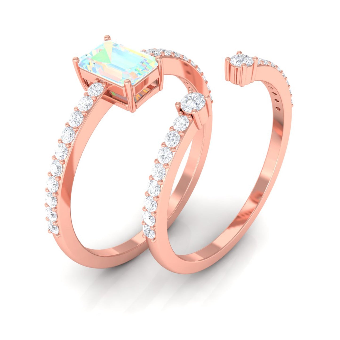 2 Carat Emerald Cut Ethiopian Opal Solitaire Engagement Ring Set with Diamond Band