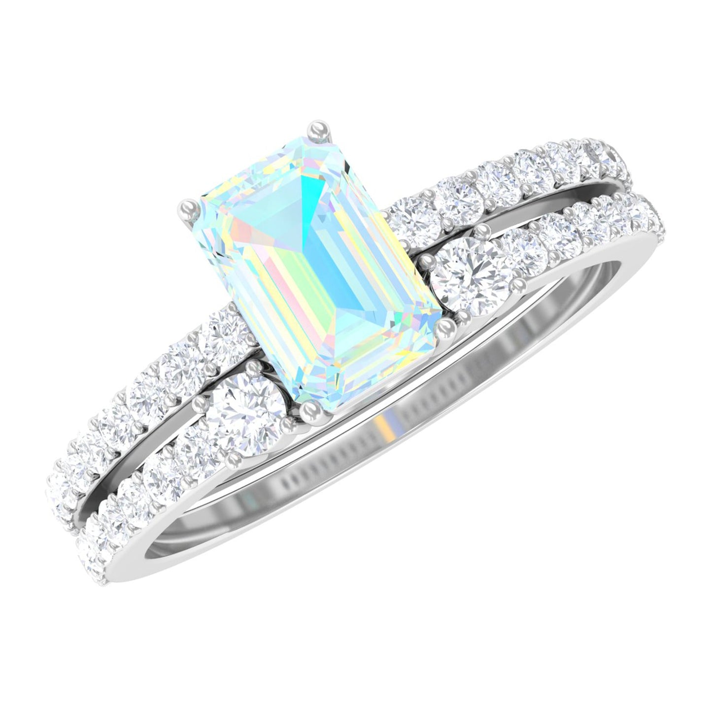 2 Carat Emerald Cut Ethiopian Opal Solitaire Engagement Ring Set with Diamond Band