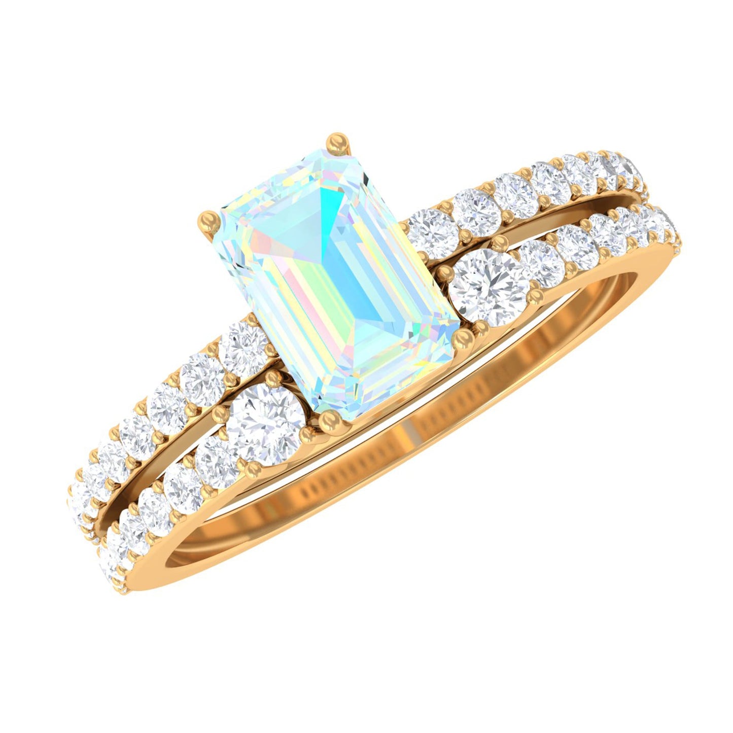 2 Carat Emerald Cut Ethiopian Opal Solitaire Engagement Ring Set with Diamond Band