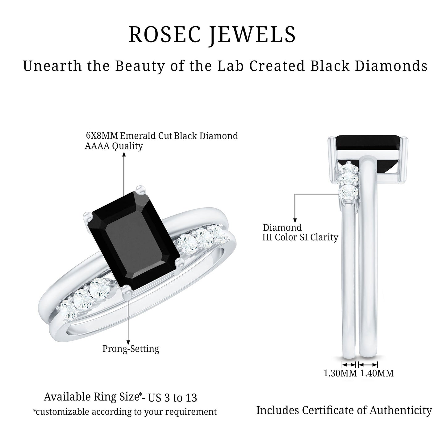 Certified 1.6 Carat Lab Grown Black Diamond Emerald Engagement Ring with White Diamond Enhancer