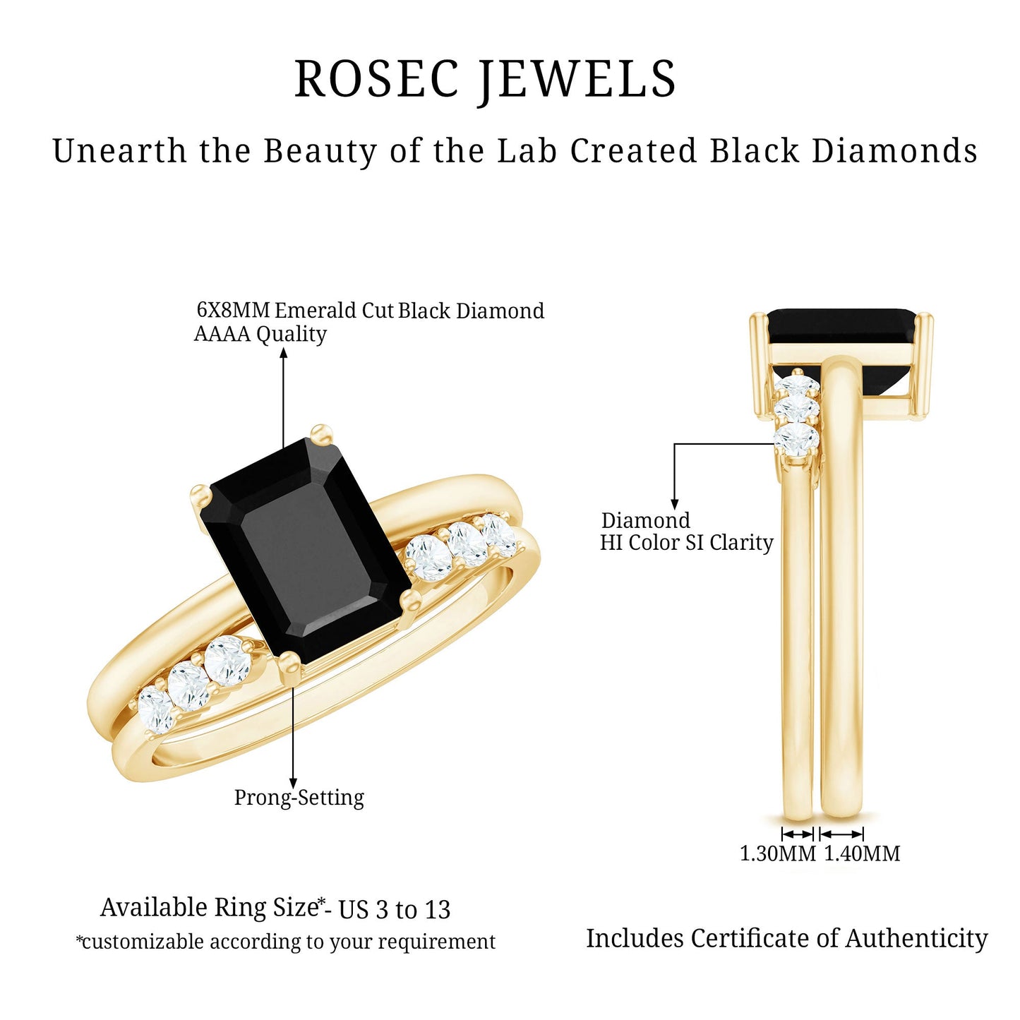 Certified 1.6 Carat Lab Grown Black Diamond Emerald Engagement Ring with White Diamond Enhancer