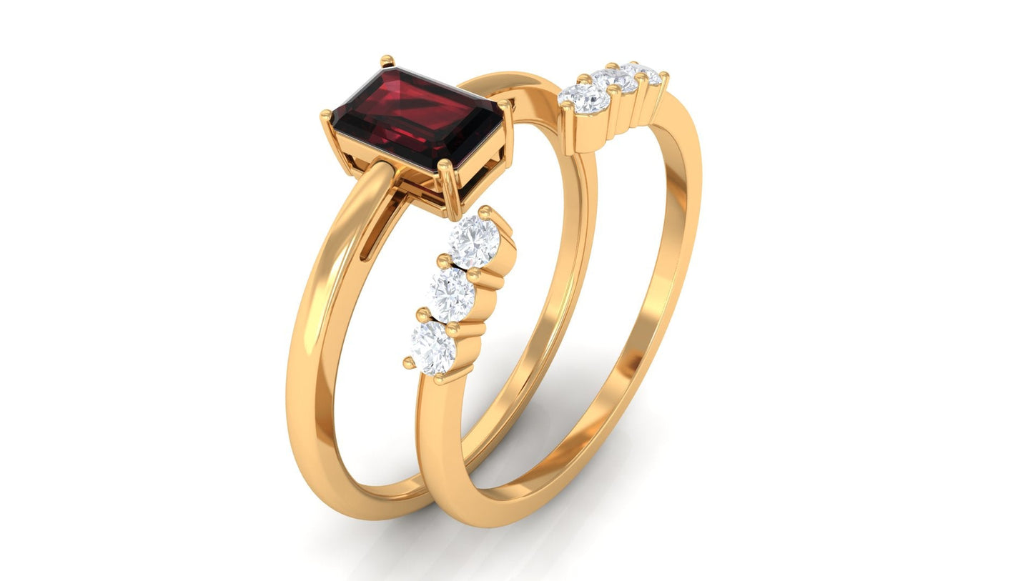 Certified Natural Garnet Diamond Emerald Cut Wedding Bridal Ring Set