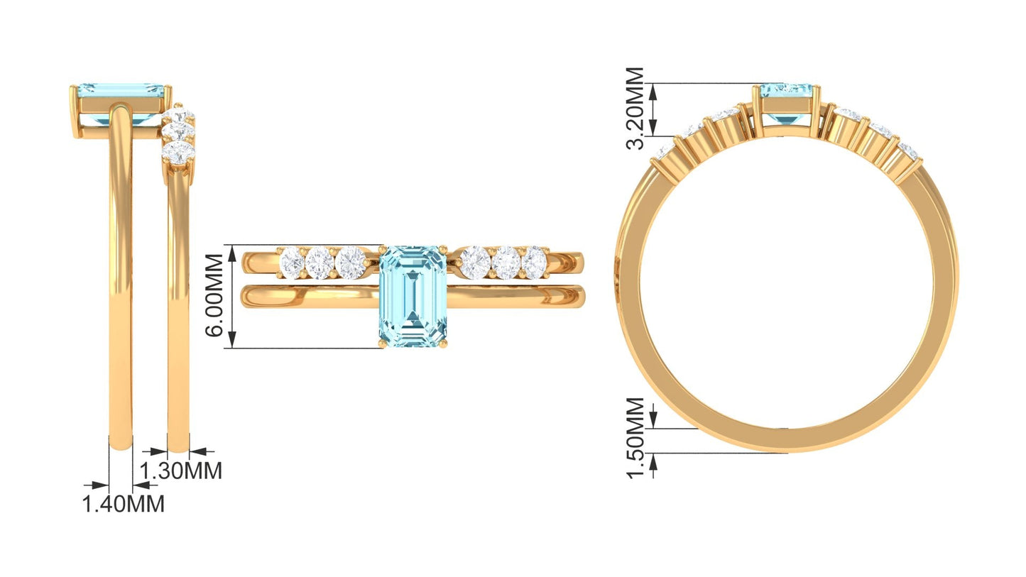 Solitaire 0.6 Carat Aquamarine and Diamond Emerald Cut Stackable Ring Set