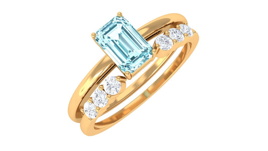 Solitaire 0.6 Carat Aquamarine and Diamond Emerald Cut Stackable Ring Set