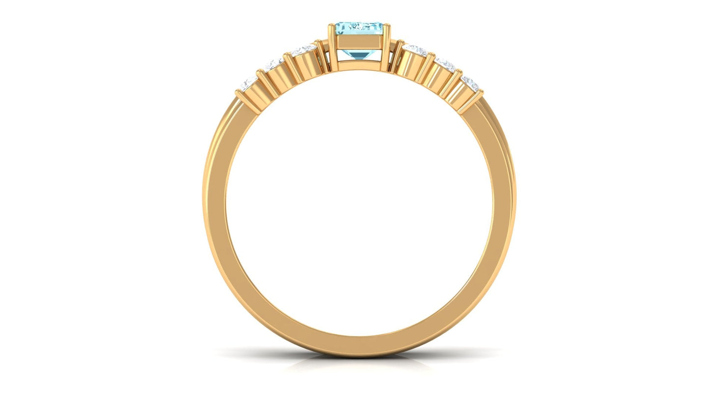 Solitaire 0.6 Carat Aquamarine and Diamond Emerald Cut Stackable Ring Set