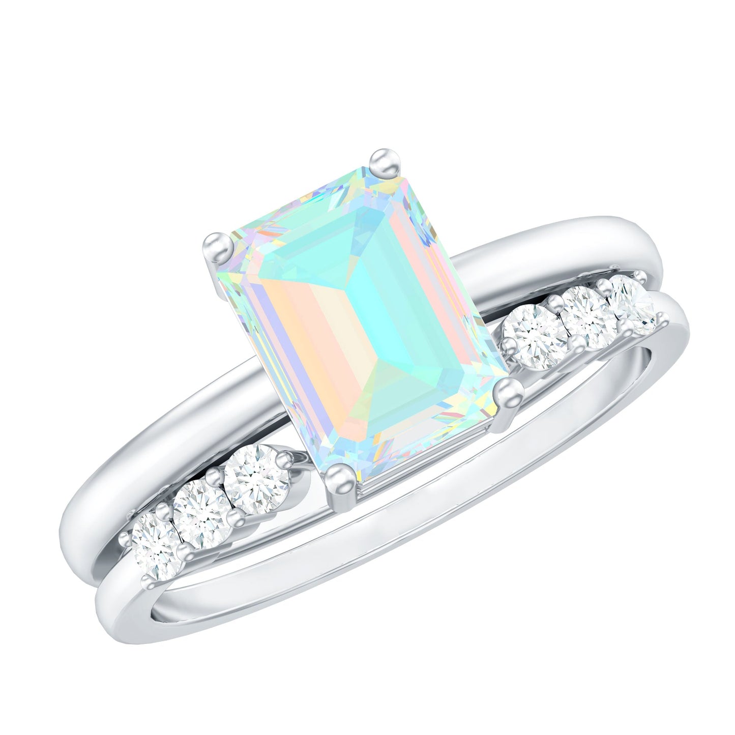 2 Carat Emerald Cut Ethiopian Opal Solitaire Ring Set with Diamond Enhancer