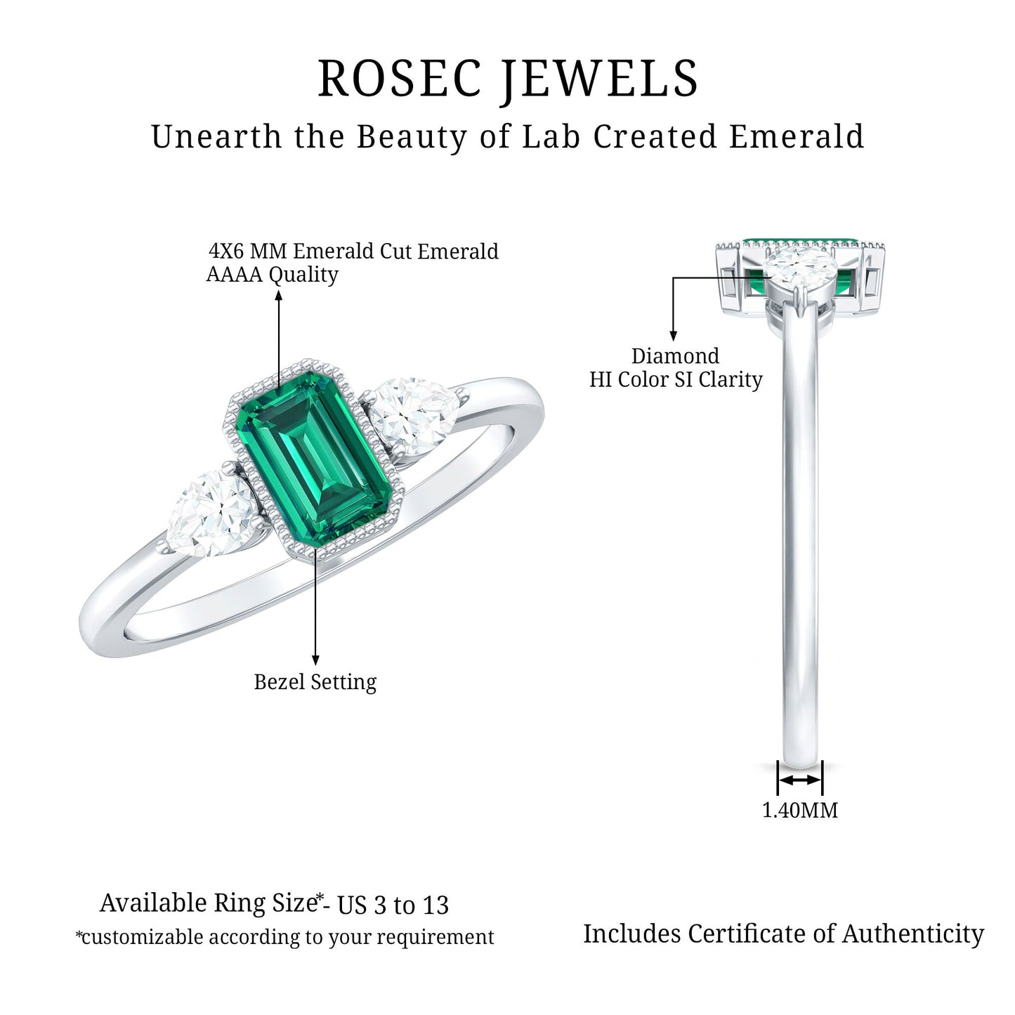 Emerald Cut Lab Grown Emerald Diamond Three Stone Ring with Beaded Details
