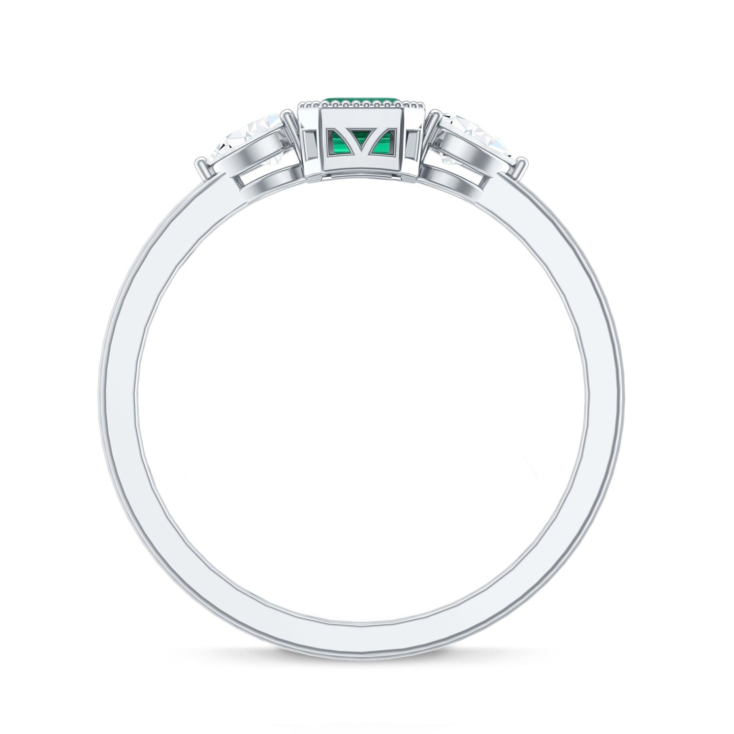 Emerald Cut Lab Grown Emerald Diamond Three Stone Ring with Beaded Details