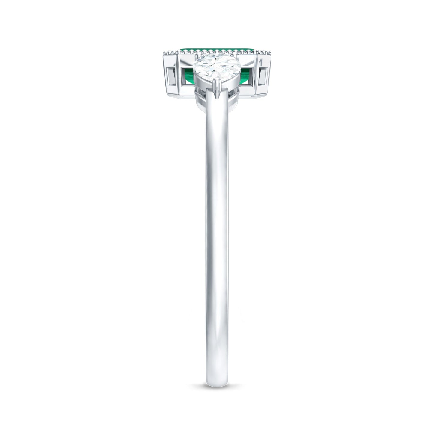 Emerald Cut Lab Grown Emerald Diamond Three Stone Ring with Beaded Details