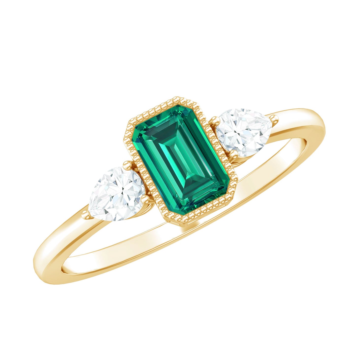 Emerald Cut Lab Grown Emerald Diamond Three Stone Ring with Beaded Details