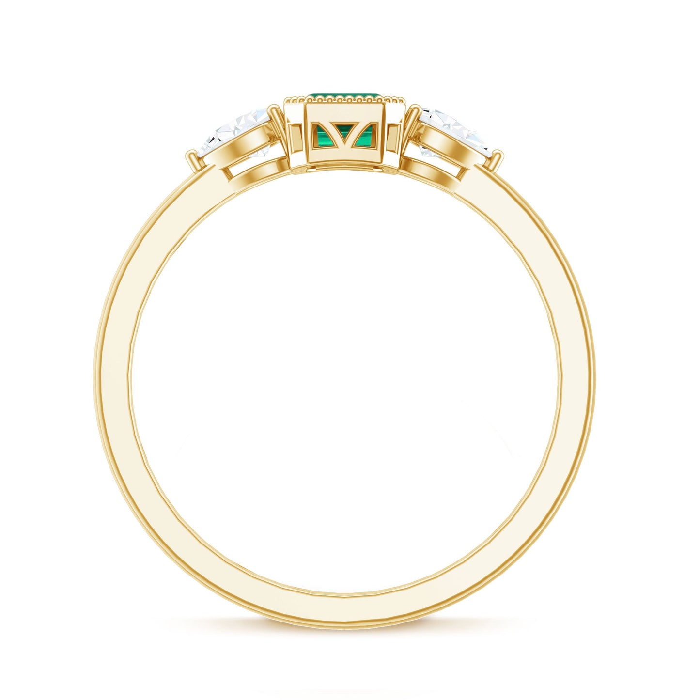 Emerald Cut Lab Grown Emerald Diamond Three Stone Ring with Beaded Details