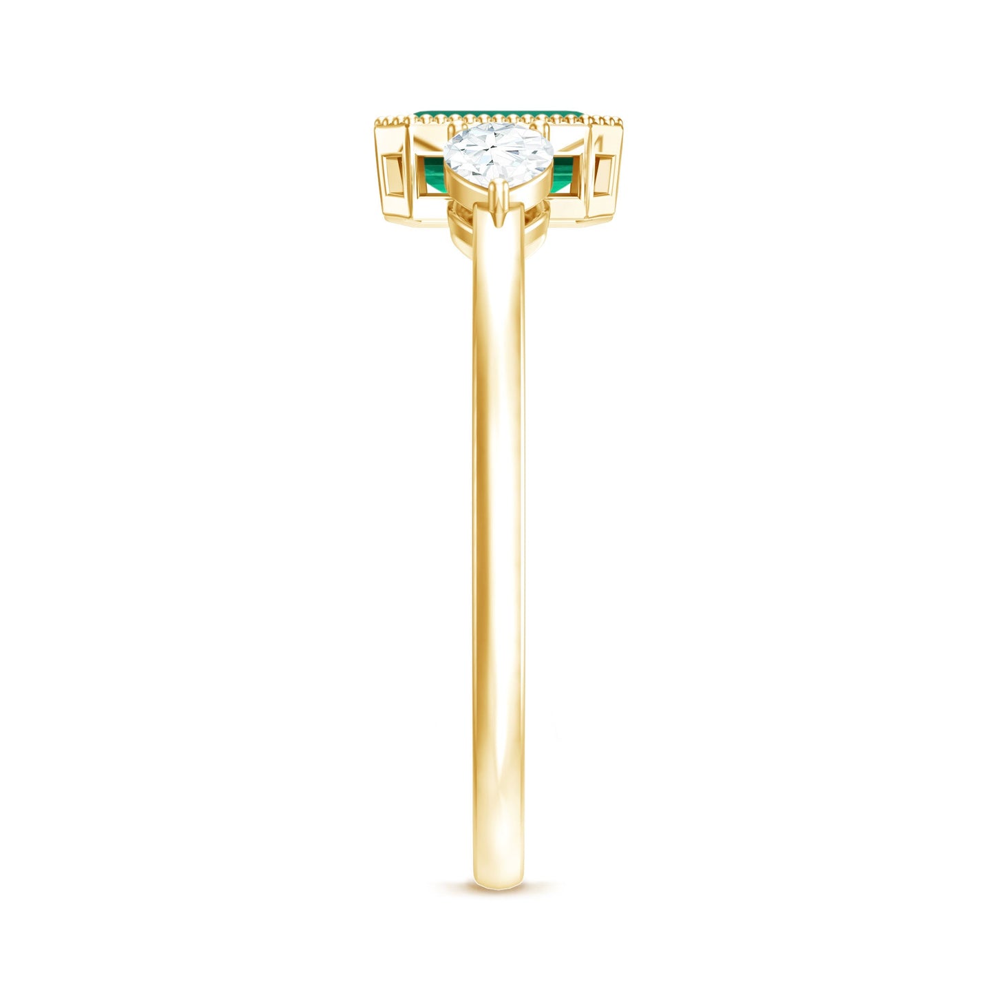 Emerald Cut Lab Grown Emerald Diamond Three Stone Ring with Beaded Details