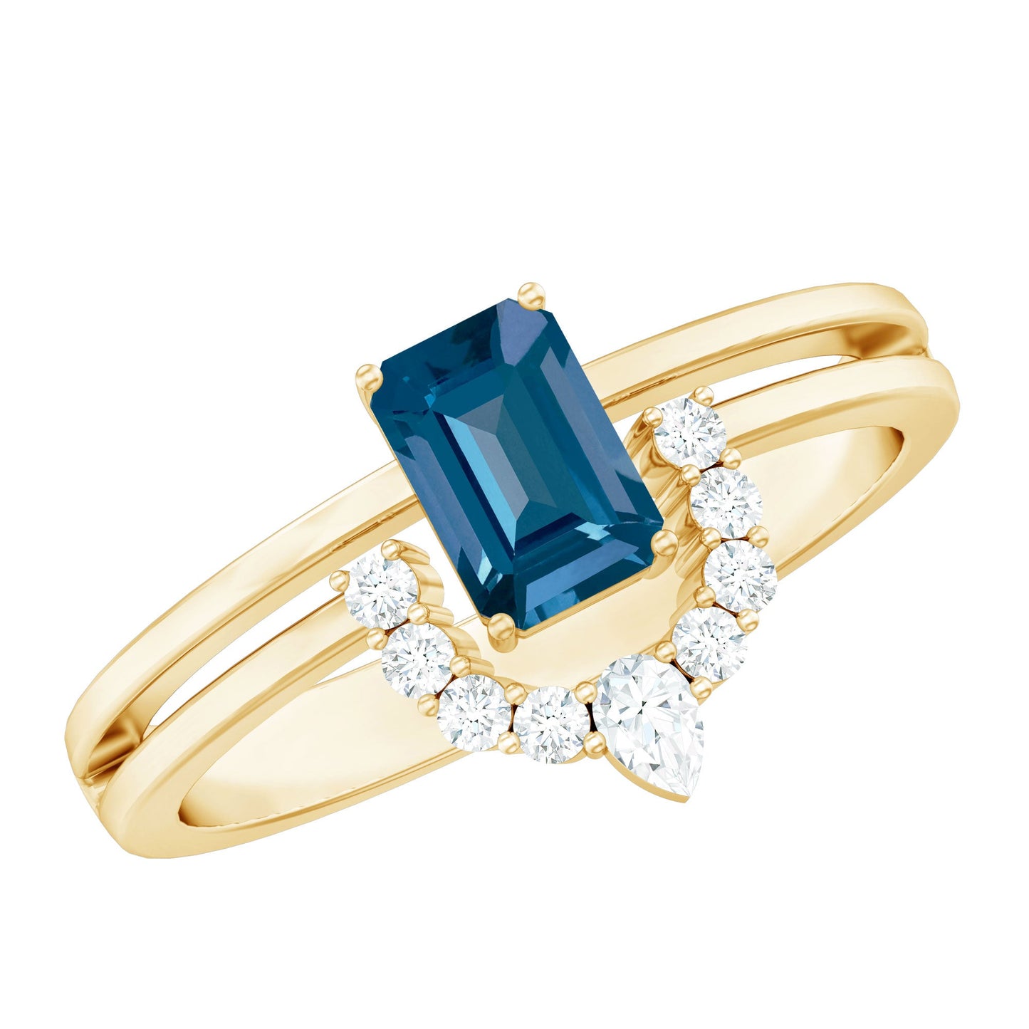 Emerald Cut London Blue Topaz Double Band Engagement Ring with Diamond