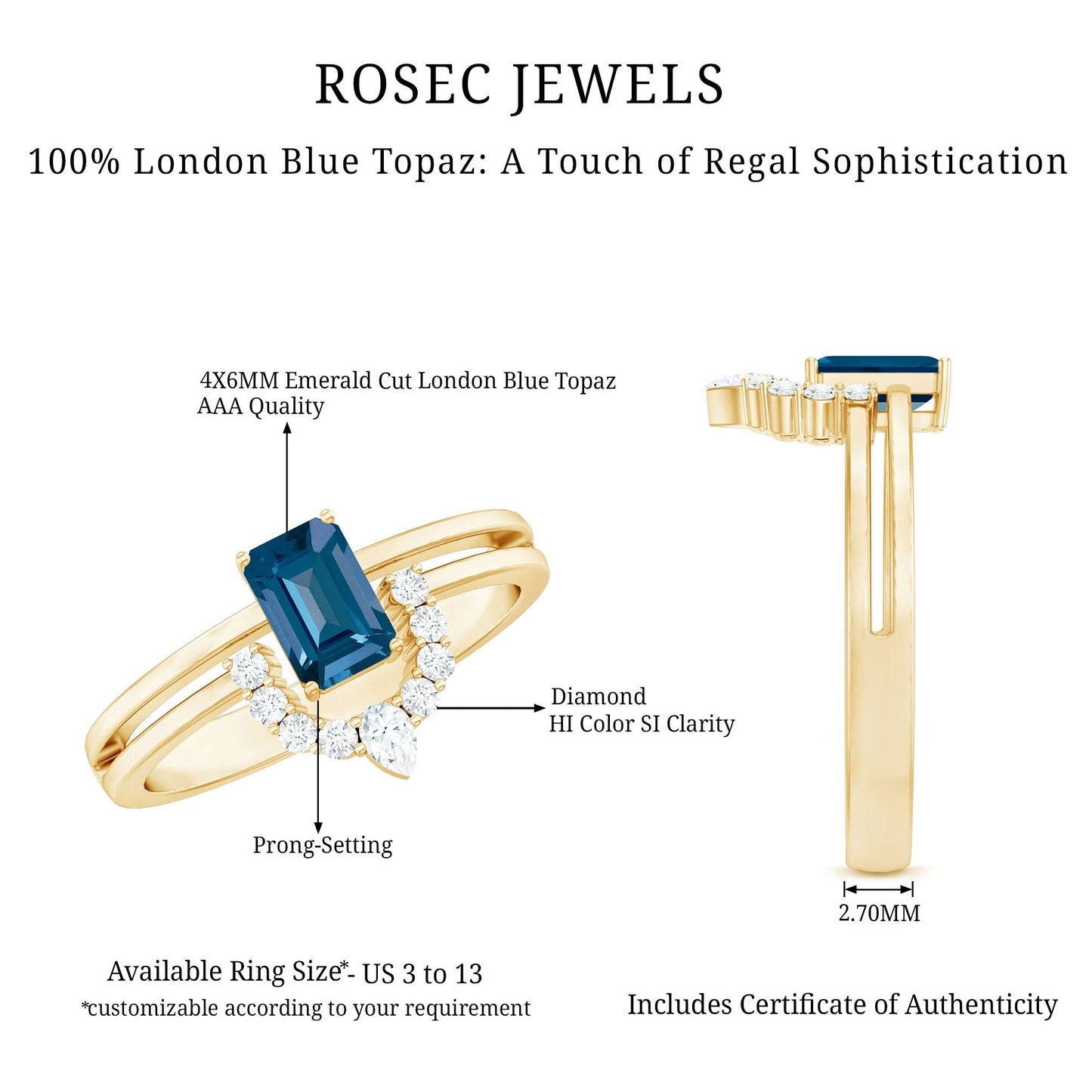 Emerald Cut London Blue Topaz Double Band Engagement Ring with Diamond