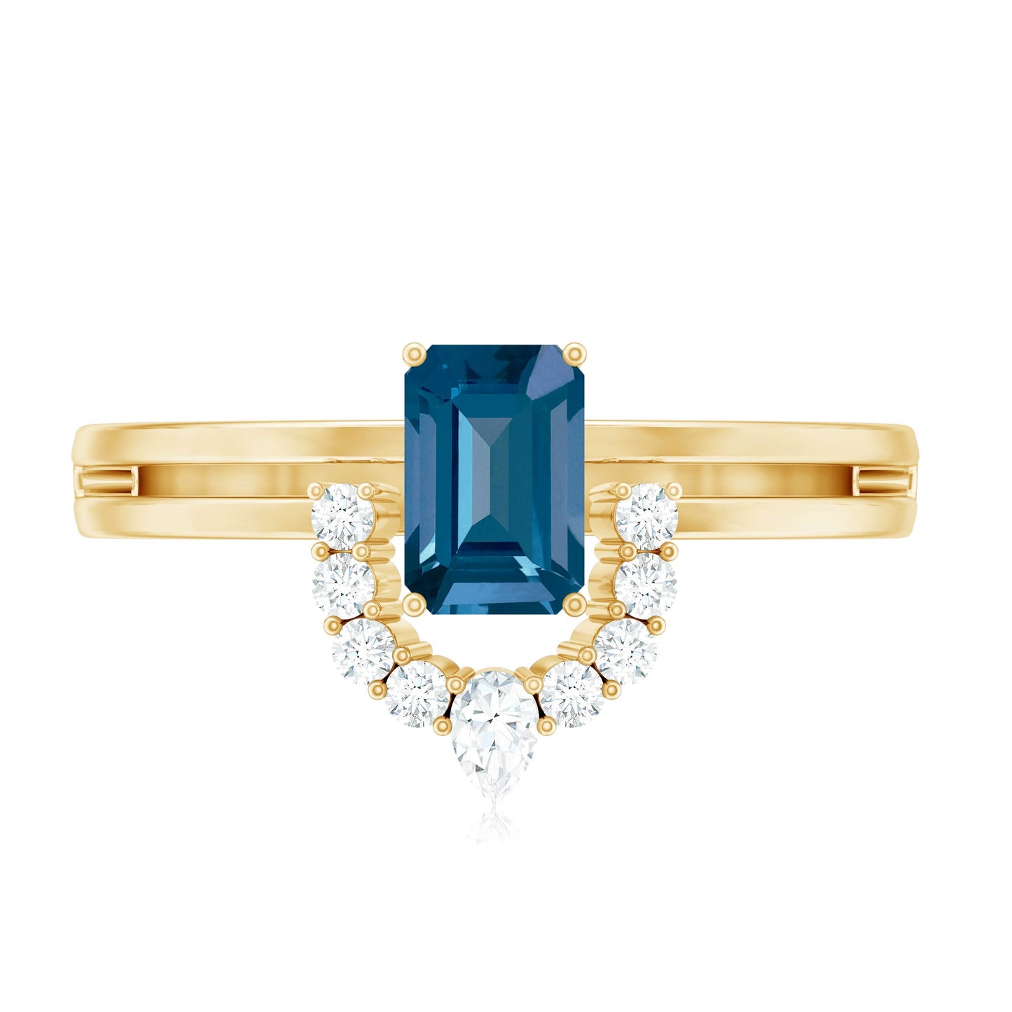 Emerald Cut London Blue Topaz Double Band Engagement Ring with Diamond