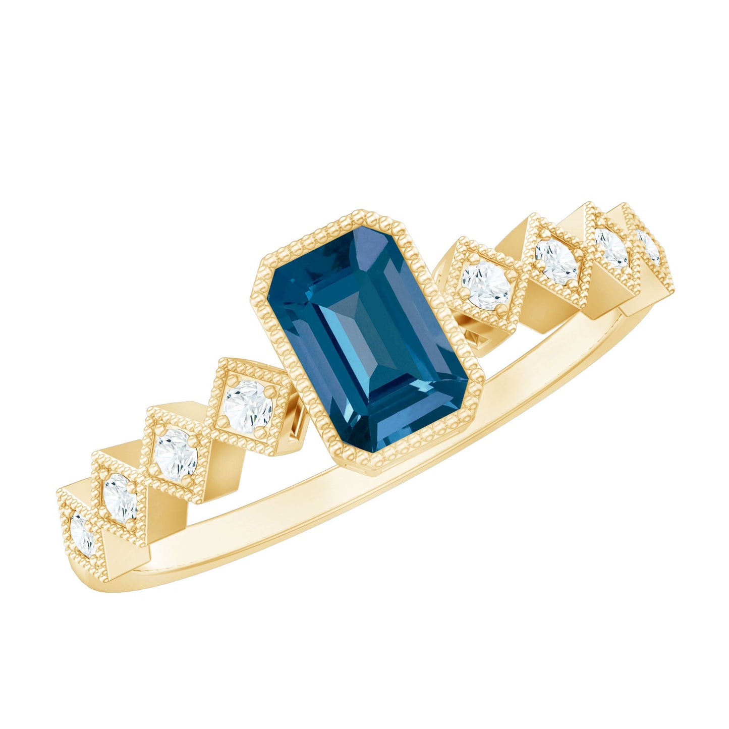 0.7 Carat Emerald Cut London Blue Topaz Engagement Ring with Beaded Details