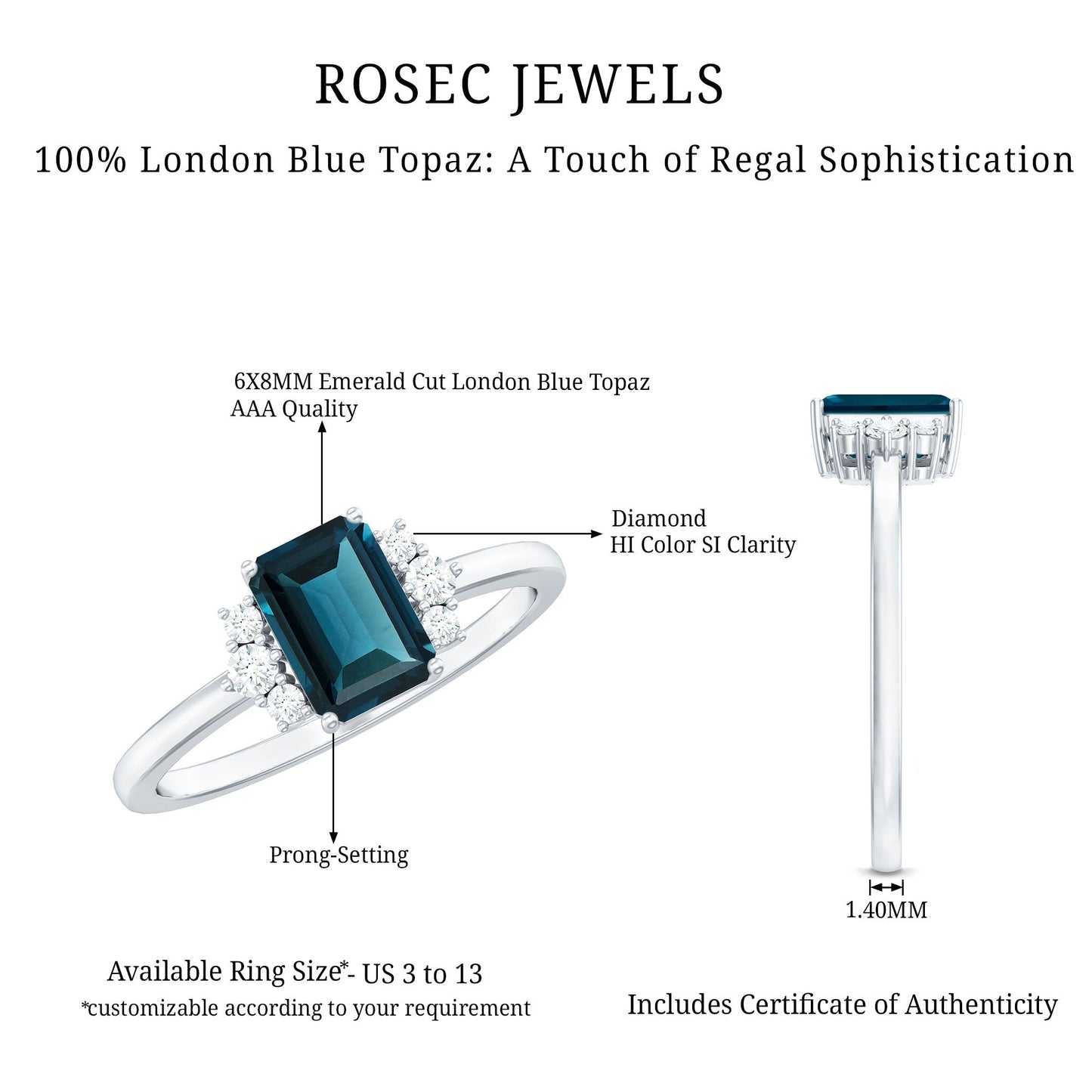 2.2 Carat Emerald Cut London Blue Topaz Diamond Engagement Ring with Certificate