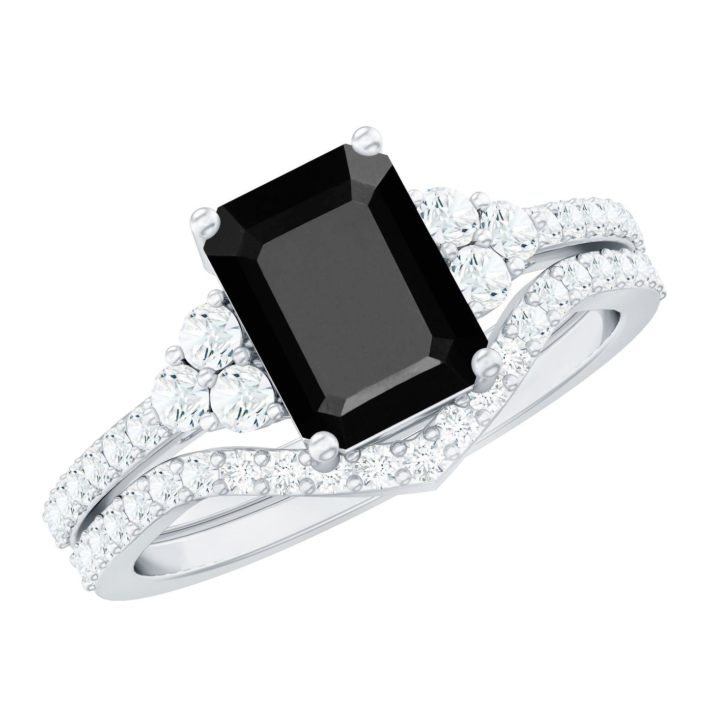 Certified 1.6 Carat Emerald Cut Lab Grown Black and White Diamond Wedding Ring Set