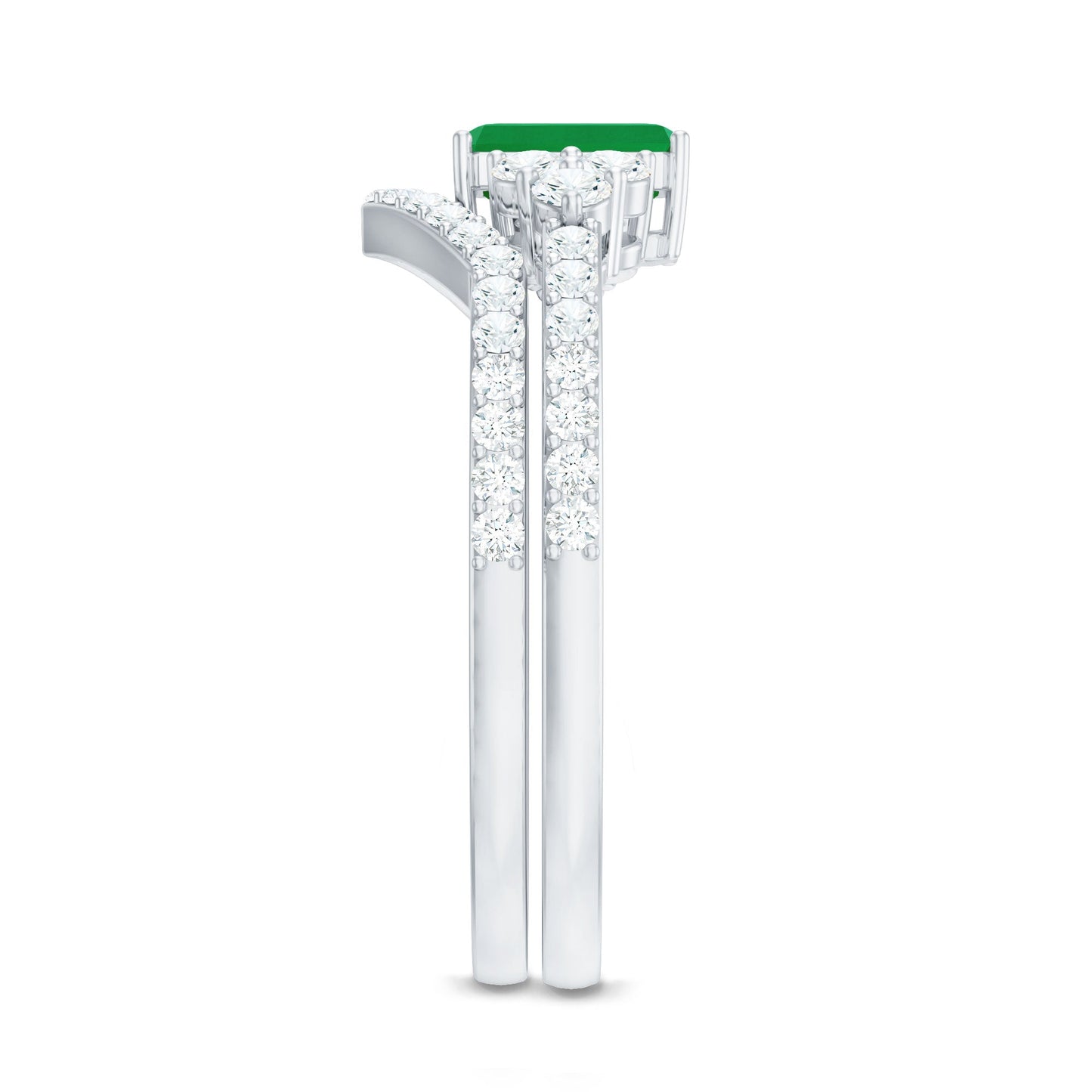 Genuine 0.6 Carat Emerald Cut Emerald Diamond Bridal Ring Set of 2