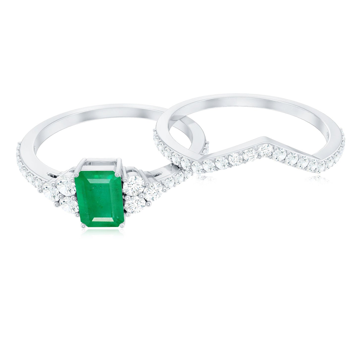 Genuine 0.6 Carat Emerald Cut Emerald Diamond Bridal Ring Set of 2