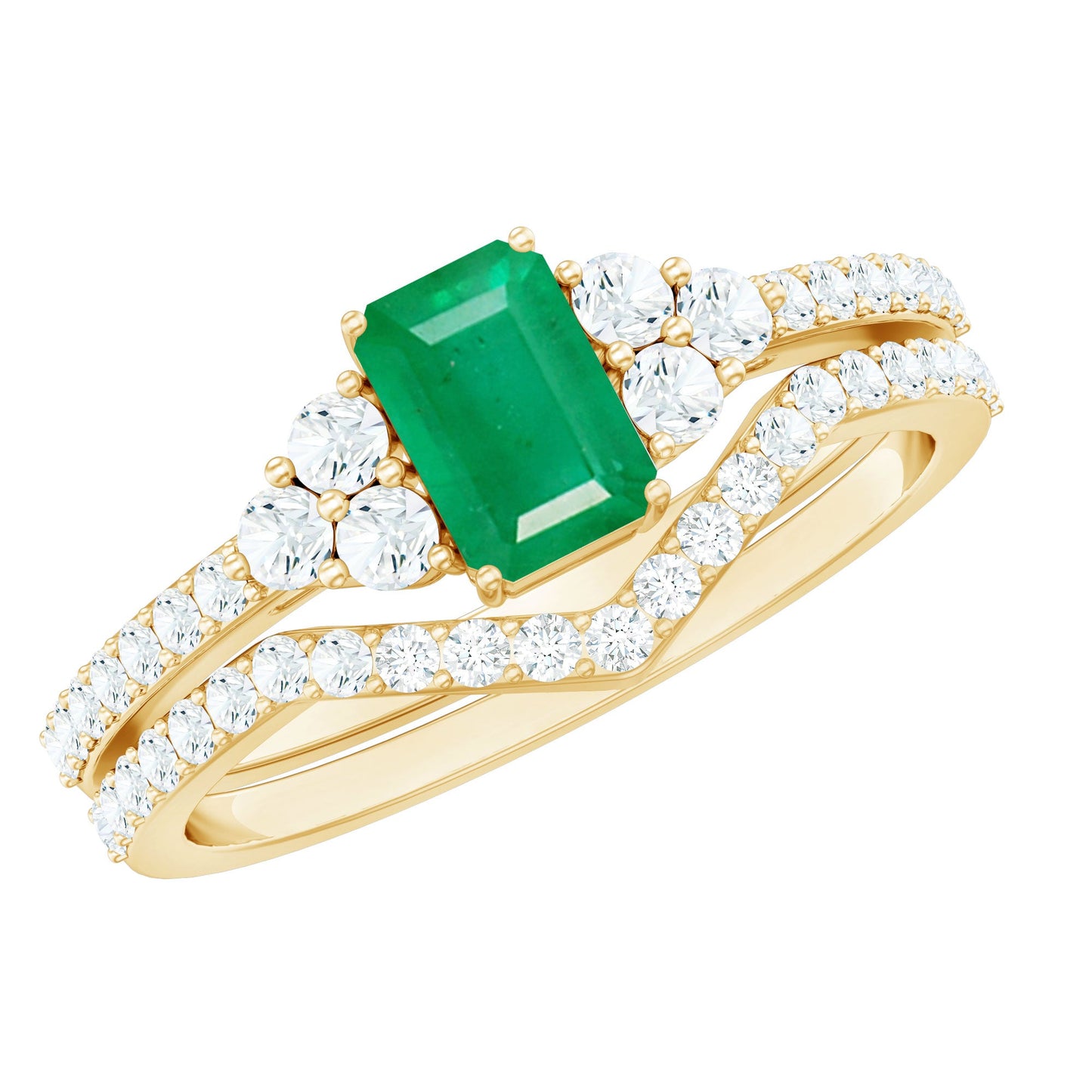 Genuine 0.6 Carat Emerald Cut Emerald Diamond Bridal Ring Set of 2