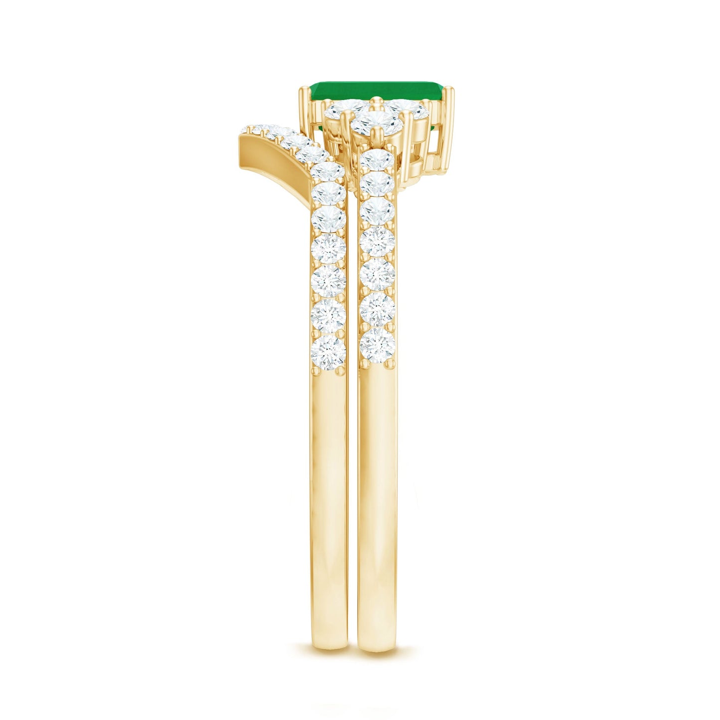Genuine 0.6 Carat Emerald Cut Emerald Diamond Bridal Ring Set of 2