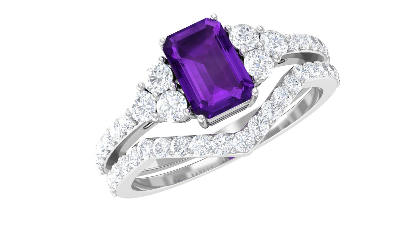 Genuine 1.4 Carat Emerald Cut Amethyst Wedding Ring Set with Diamond
