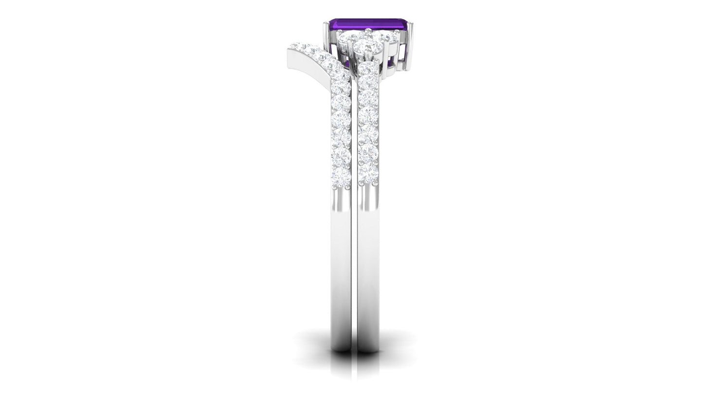 Genuine 1.4 Carat Emerald Cut Amethyst Wedding Ring Set with Diamond