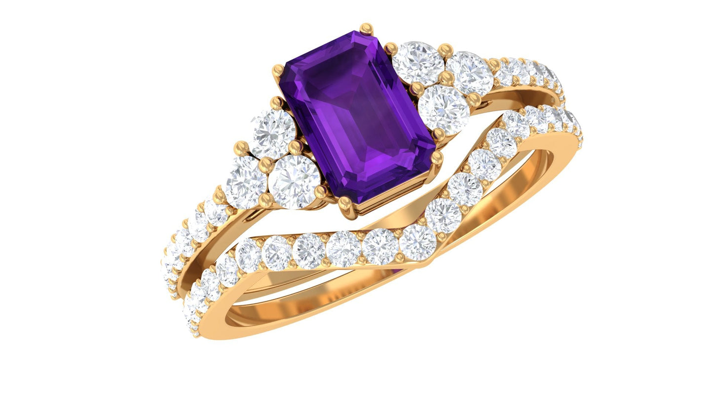 Genuine 1.4 Carat Emerald Cut Amethyst Wedding Ring Set with Diamond