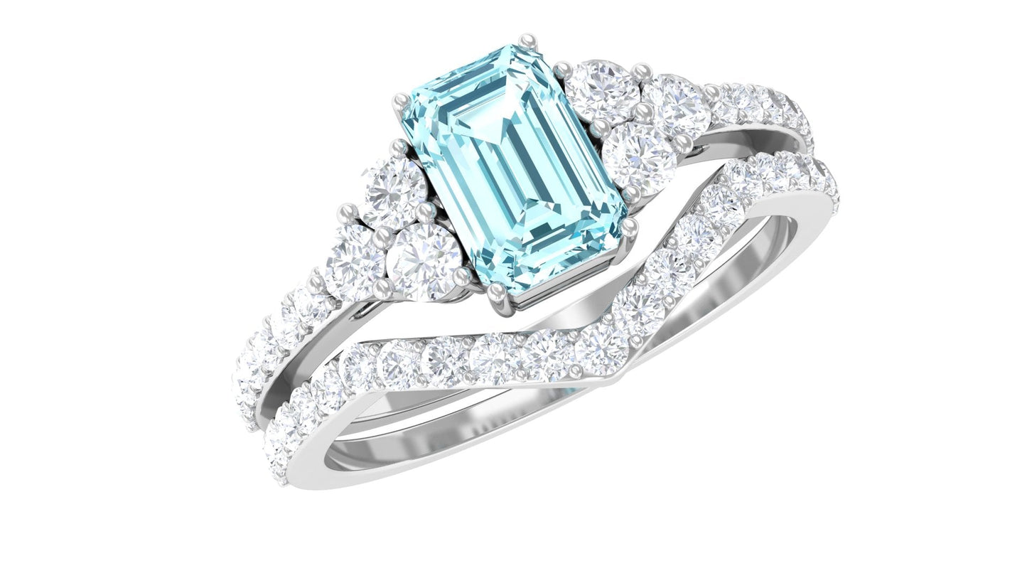 Genuine Aquamarine and Diamond Emerald Cut Wedding Ring Set with Certificate