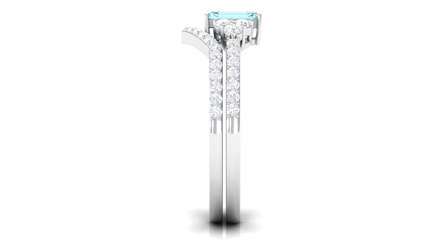 Genuine Aquamarine and Diamond Emerald Cut Wedding Ring Set with Certificate