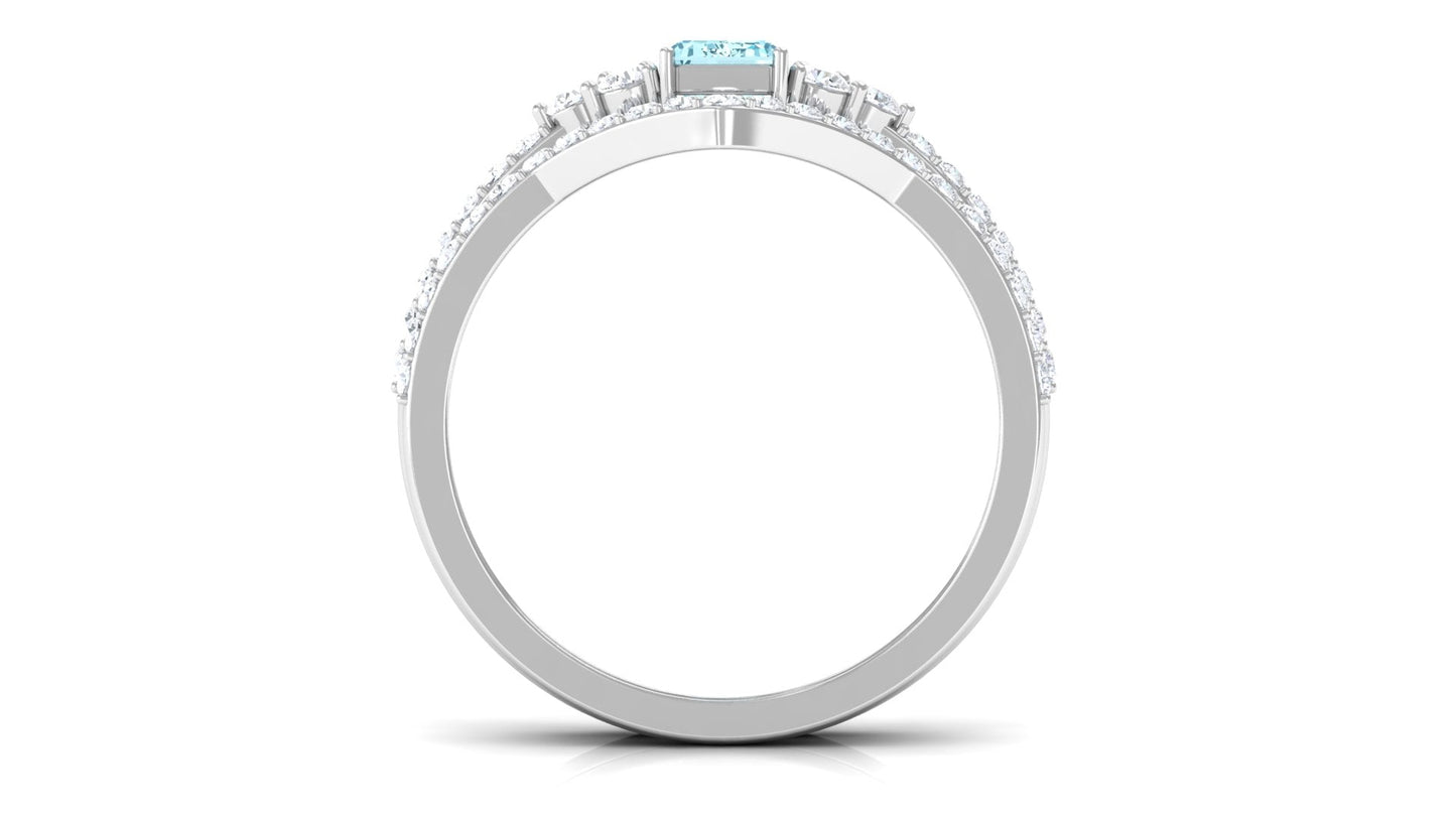 Genuine Aquamarine and Diamond Emerald Cut Wedding Ring Set with Certificate