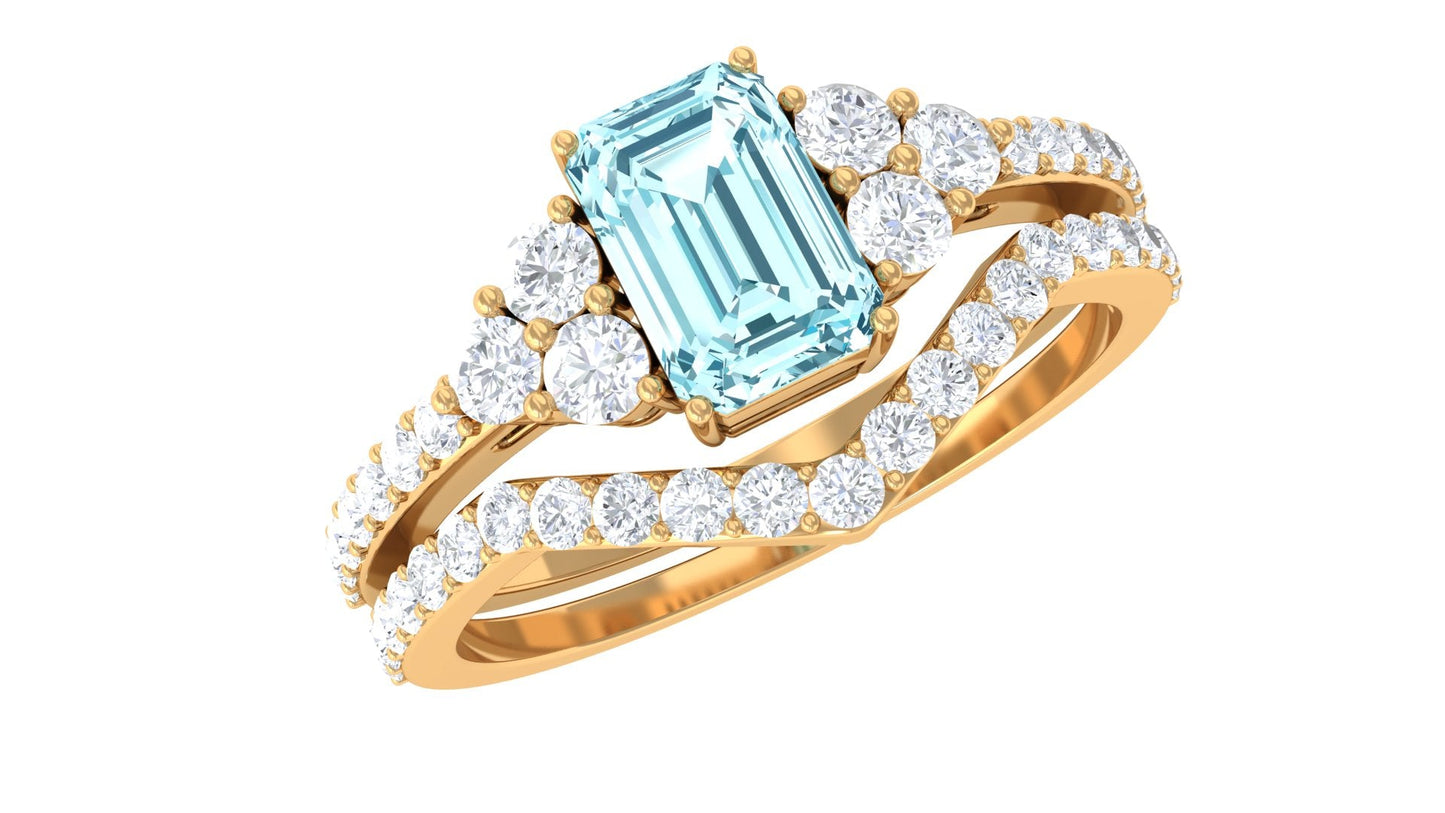 Genuine Aquamarine and Diamond Emerald Cut Wedding Ring Set with Certificate