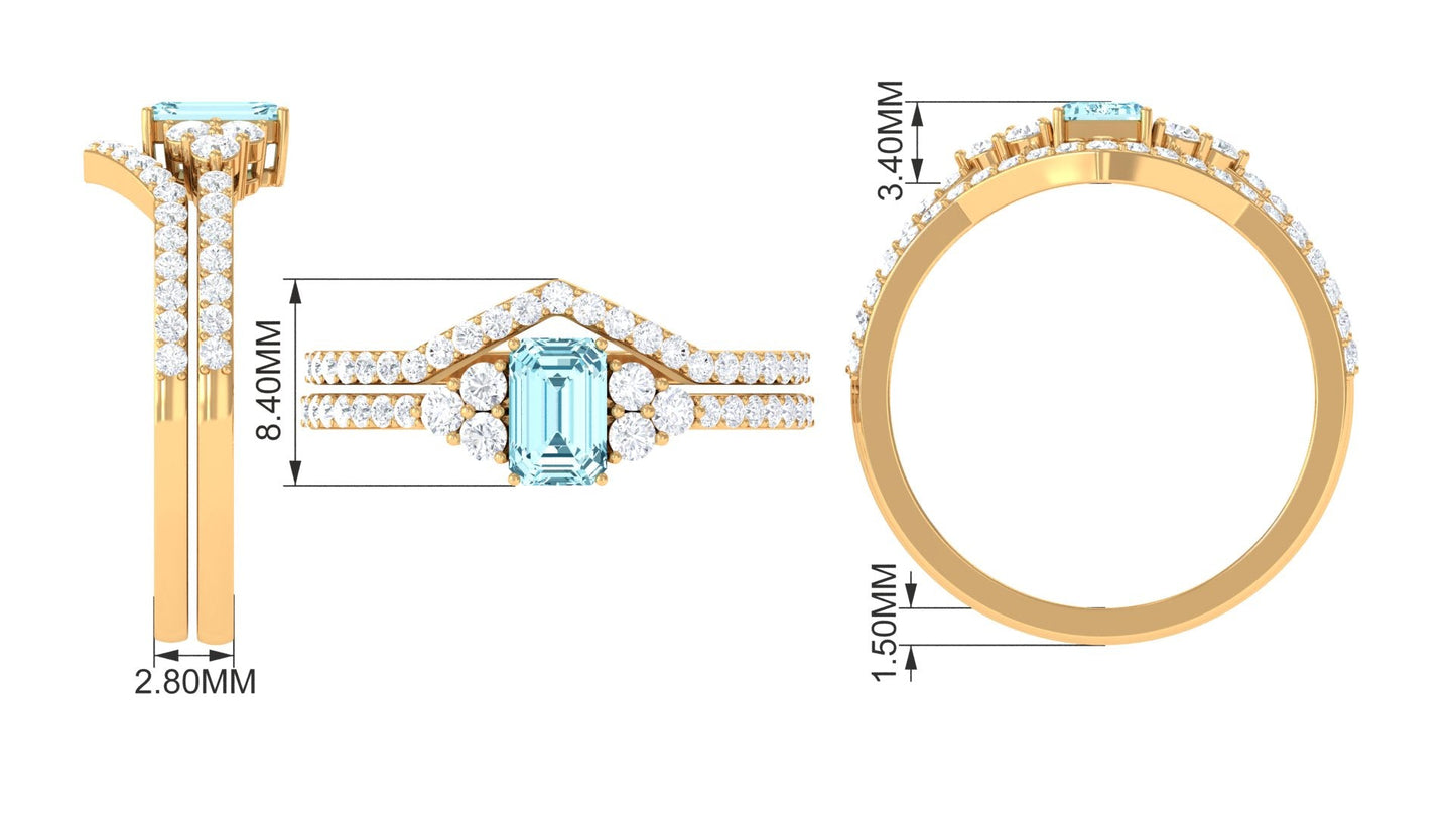 Genuine Aquamarine and Diamond Emerald Cut Wedding Ring Set with Certificate