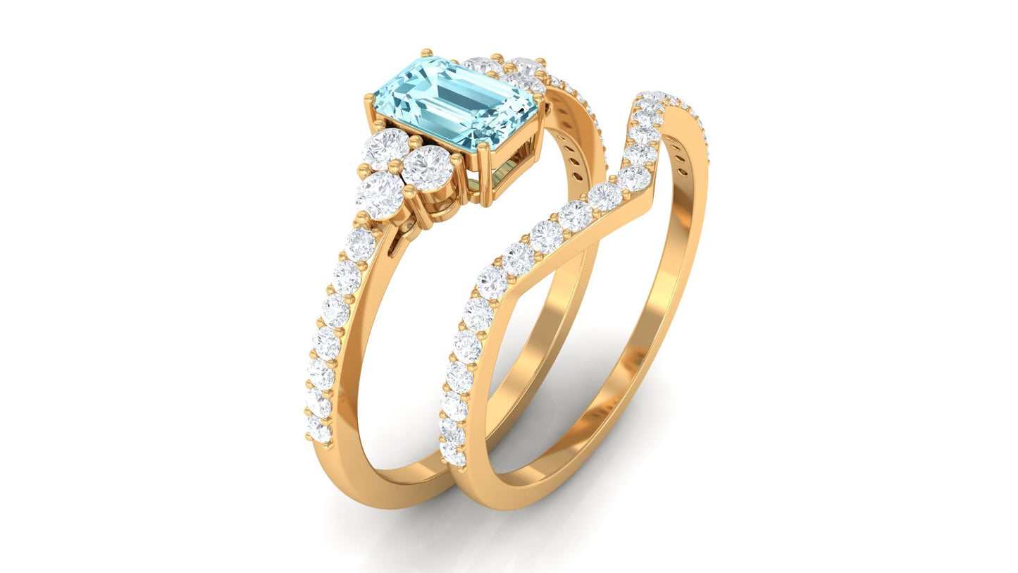 Genuine Aquamarine and Diamond Emerald Cut Wedding Ring Set with Certificate