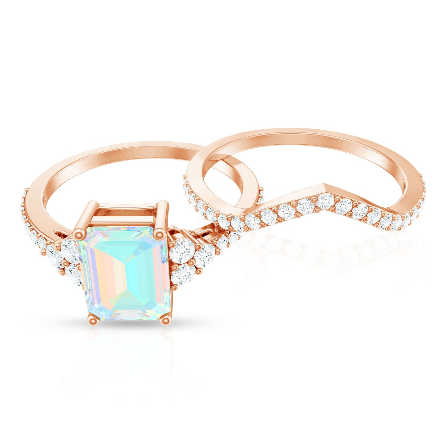 2 Carat Emerald Cut Ethiopian Opal Bridal Ring Set with Diamond Band