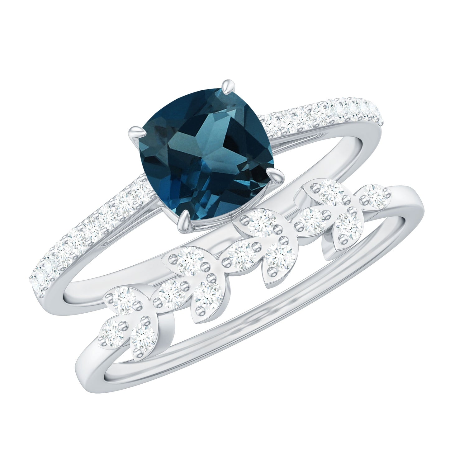 2.8 Carat Cushion Cut London Blue Topaz and Diamond Engagement Ring with Wedding Band