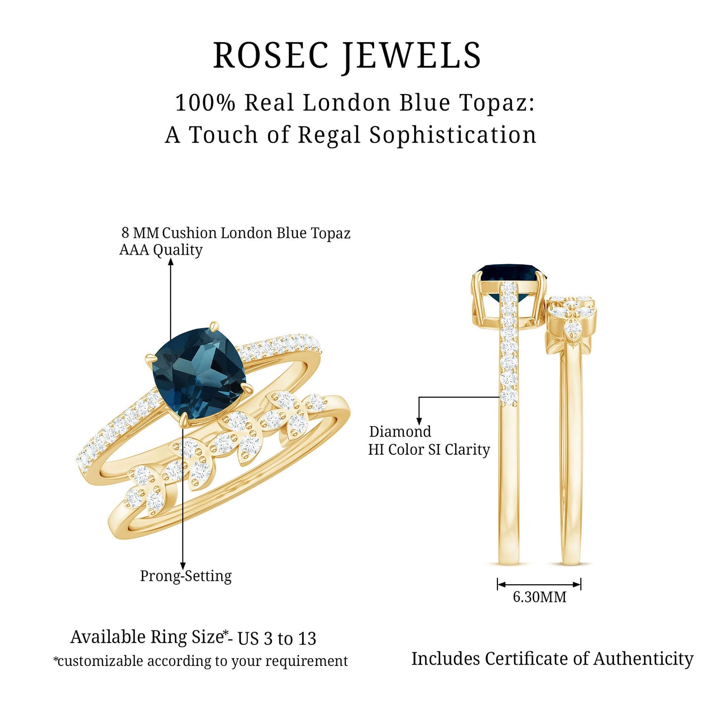 2.8 Carat Cushion Cut London Blue Topaz and Diamond Engagement Ring with Wedding Band