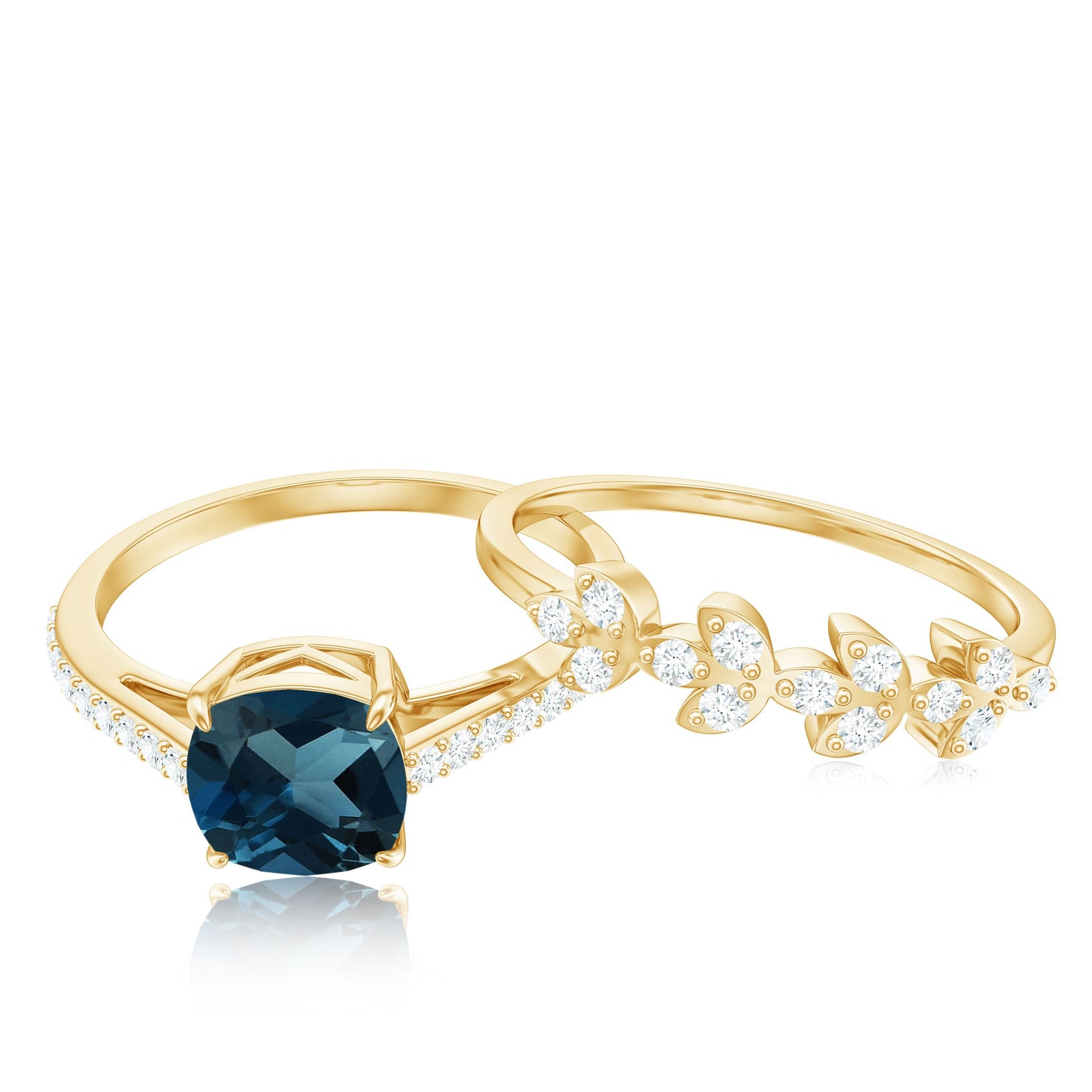 2.8 Carat Cushion Cut London Blue Topaz and Diamond Engagement Ring with Wedding Band